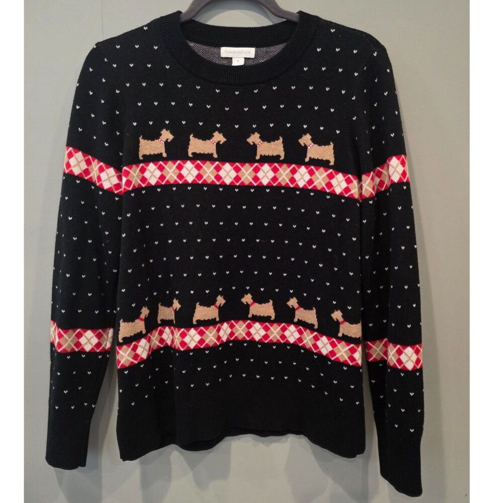 Charter Club Scottie Dog Holiday Fair Isle Pullover Sweater Black Medium M